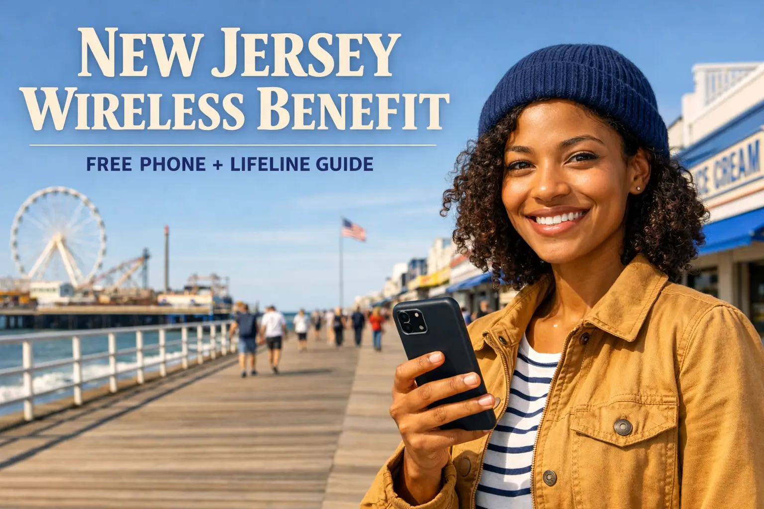Smiling New Jersey resident holding smartphone on Jersey Shore boardwalk with text New Jersey Wireless Benefit free phone Lifeline guide