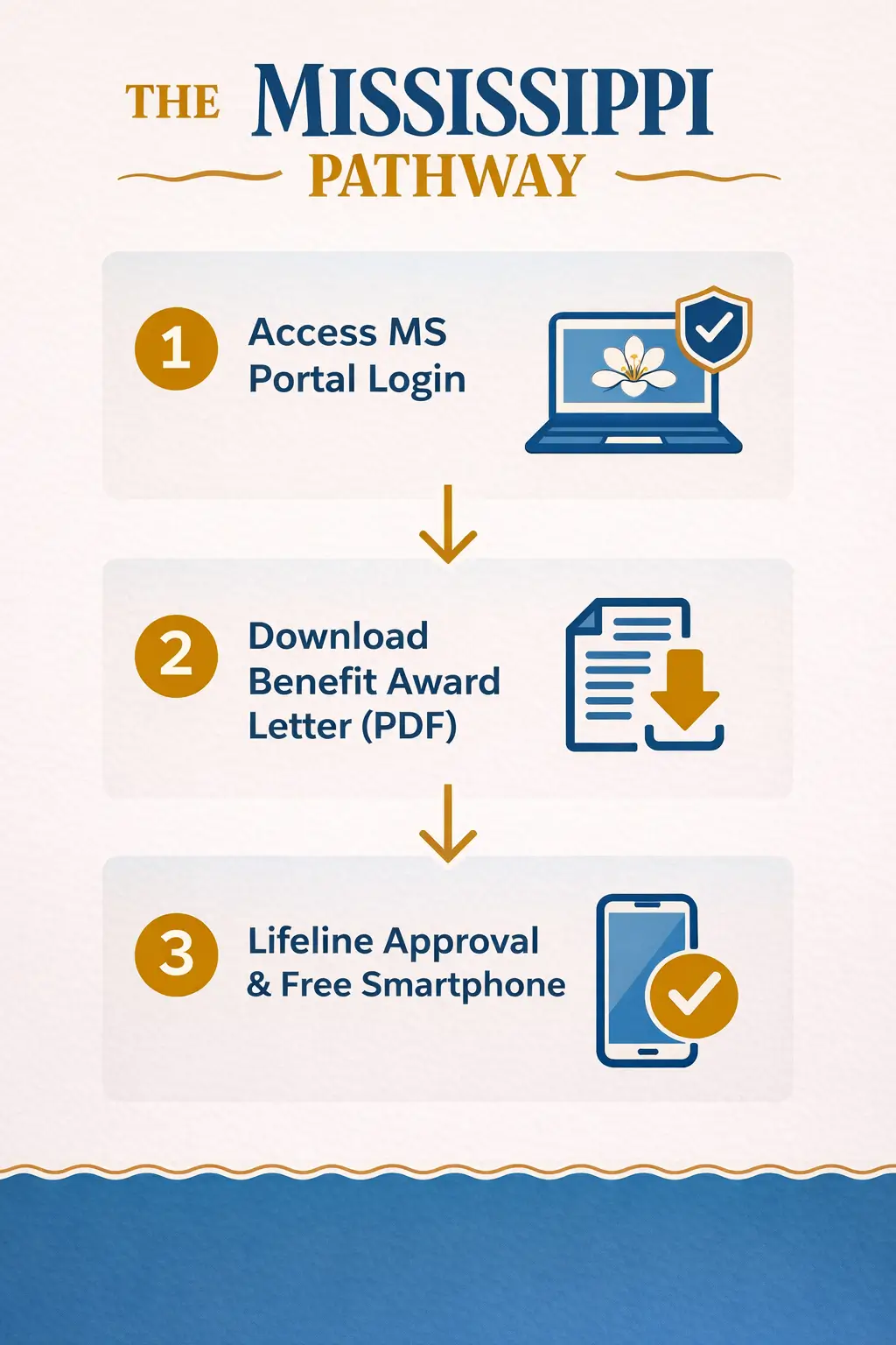 Mississippi Lifeline pathway flowchart showing portal login, benefit letter download, and free smartphone approval steps
